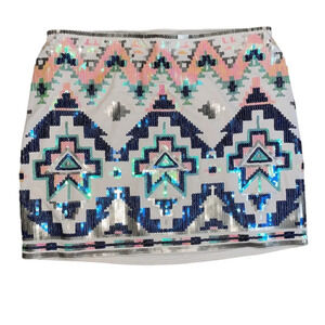 Express Aztec Sequin Tribal Cream Mini Skirt Size XS Colorful Boho Southwestern